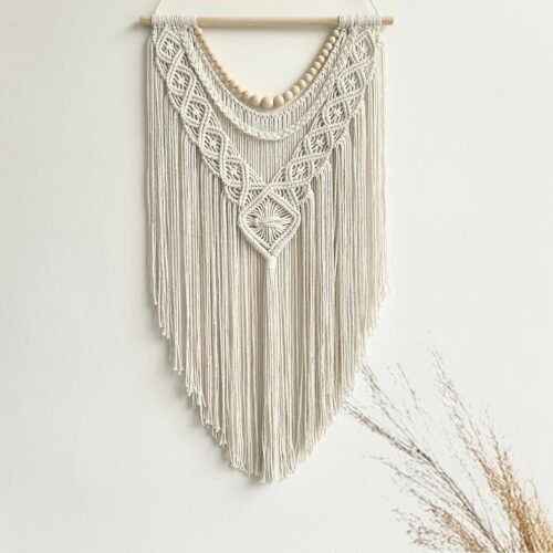 Macrame Wall Hanging – Geometric, 31.5" x 17", Wood Bead